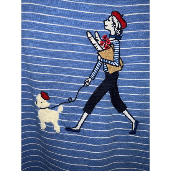 Talbots size M blue & white striped embroidered French Poodle & lady walker CUTE - Picture 2 of 7